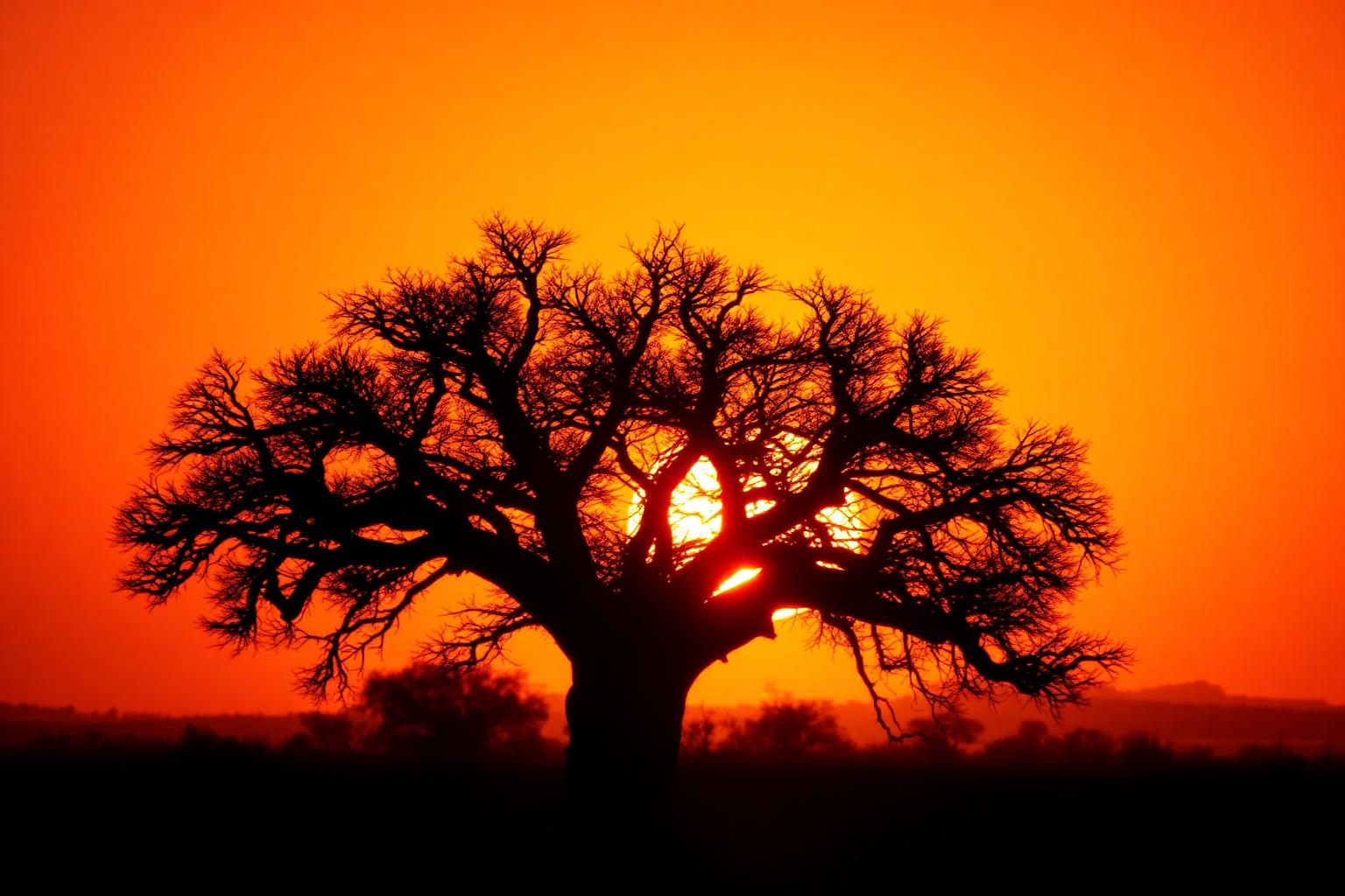 A baobab tree silhouetted against an African sunrise